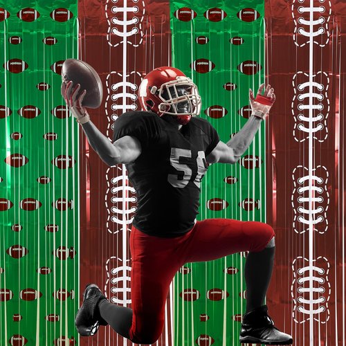 Boao 2 Pack Football Party Decorations 3.3x6.6 ft Shiny Tinsel Backdrop Green and Brown Football Tinsel Foil Fringe Curtains Backdrop Photo Props for Sports Rugby Birthday Party Home Decorations