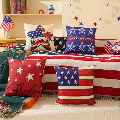 Hongsome Throw Pillow Covers - Patriotic 18x18 Inch Set of 4 for Independence Day & Memorial Day | Red, White & Blue