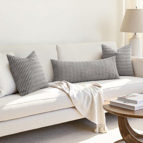 MIULEE Light Grey Long Body Lumbar Throw Pillow Cover - Soft Boho Design 14x36 Inch for Sofa & Bed