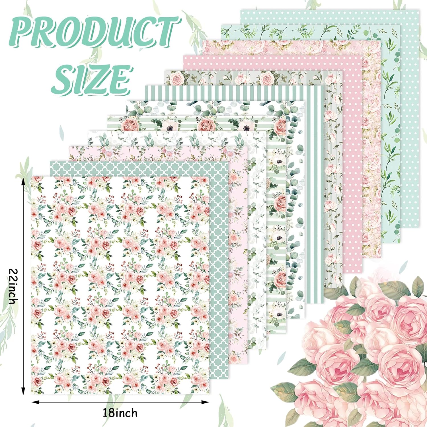 Whaline Cotton Fabric Bundles - 12Pcs Floral Greenery Print | 18 x 22 Inch Fat Quarters for DIY Crafting