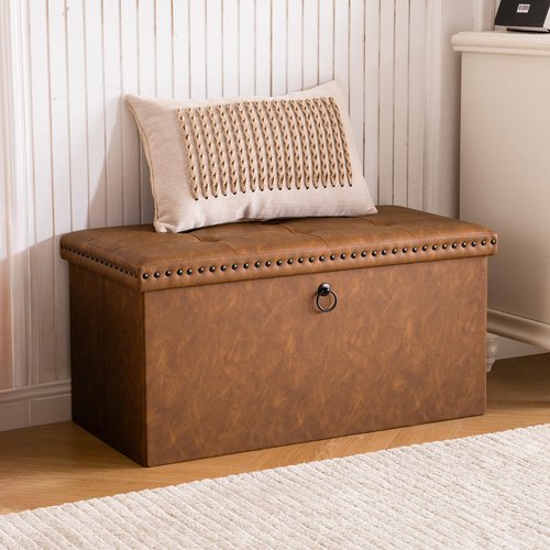 oakvivo 30 Inches Folding Storage Ottoman Bench, Ottoman PU Leather Tuffed End of Bed Bench, Foot Rest with Rivet Design, Ottoman with Storage, Load 330 lb, for Living Room, Bedroom, Entryway, Brown