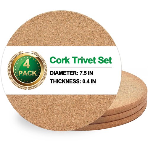 Cork Trivet, 4 Pack High Density Thick Cork Coasters Set for Hot Dishes, 7.5 Inch Heat Resistant Multifunctional, Hot Pads for Kitchen, Table, Countertops