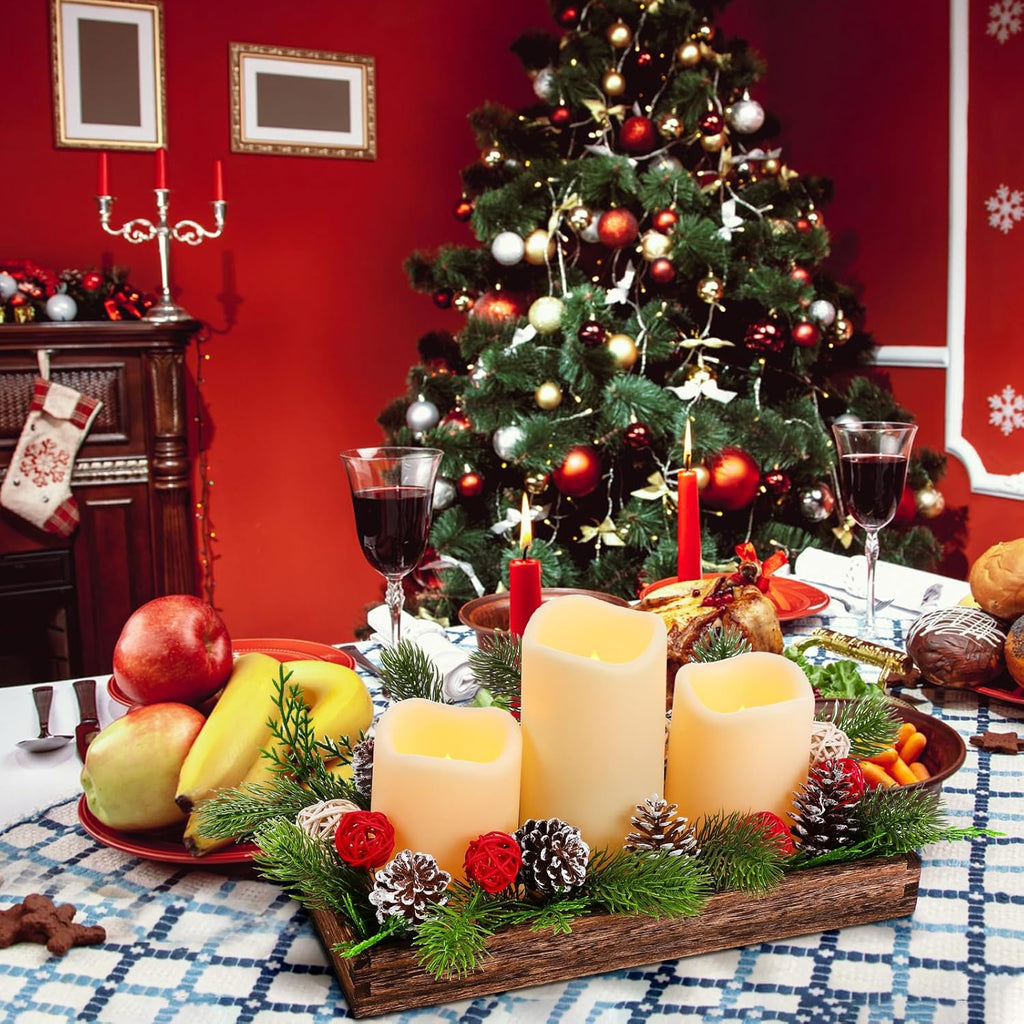 Tioncy Christmas Table Centerpiece - Rustic Wood Box Tray with Artificial Pine Picks & Candles
