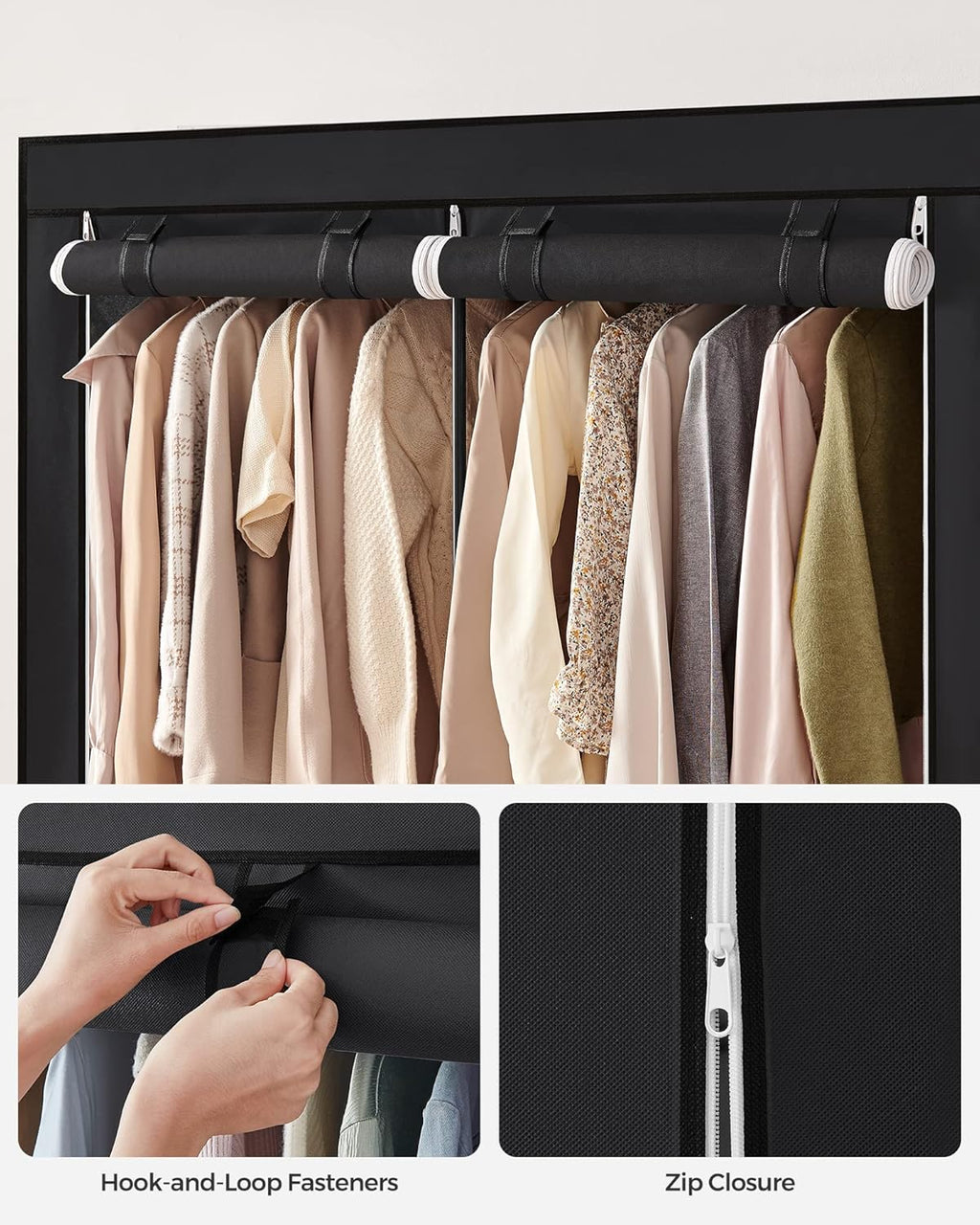 SONGMICS Portable Closet Wardrobe - Non-Woven Fabric Cover Clothes Organizer, 55.1" x 16.9" x 68.5", Black
