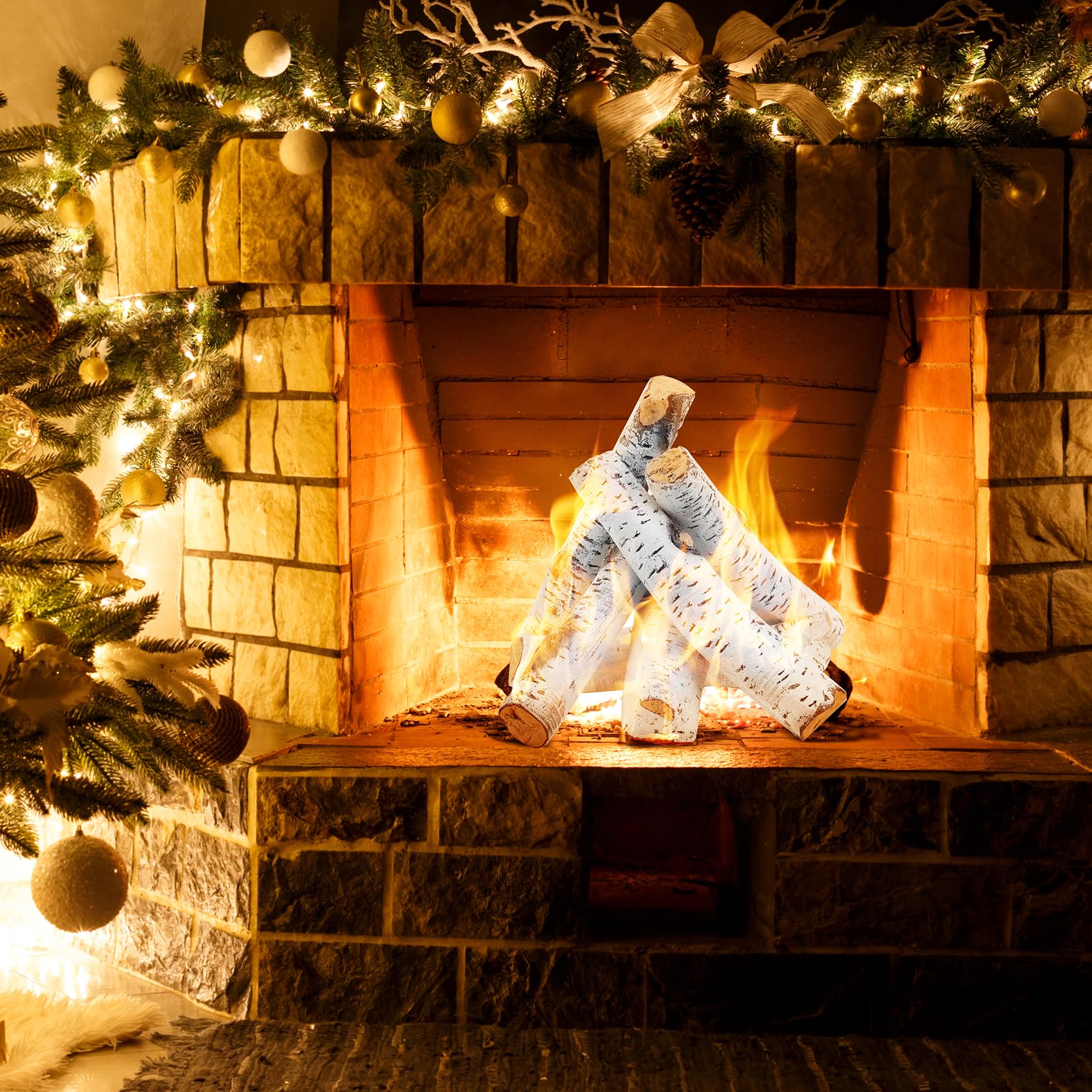 Skyflame 6 Piece Set of Gas Fireplace Logs, Large White Birch Ceramic Logs for All Types of Indoor/Outdoor Gas Inserts, Ventless, Fireplaces and Fire Pits