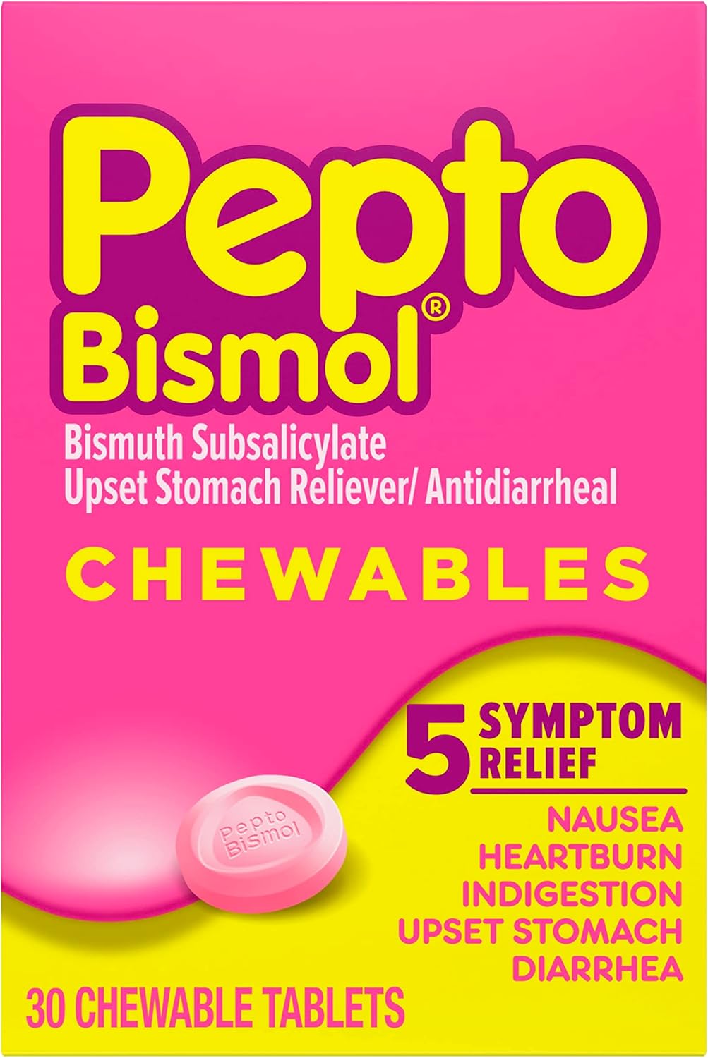 Pepto Bismol Chewable Tablets - Fast Upset Stomach Relief & Nausea Control | 30 Count
