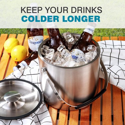 4L Ice Bucket with Lid, Scoop, Tongs and Strainer, Double Wall Stainless Steel Ice Buckets for Parties, Cocktail Bar, Chilling Wine, Champagne, Large Outdoor Champagne Ice Container