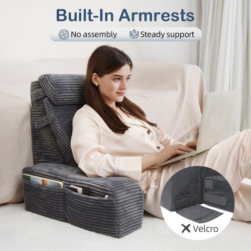Vekkia Adjustable Reading Pillow & Back Pillow with Backrest – Zoned Multi-Density Foam for Targeted Support, XL Side Pockets – Bed Chair for Reading, Gaming, Relaxing & Post-Surgery Recovery
