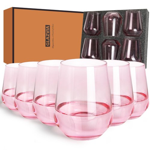 GLAZVIA Pink Stemless Wine Glasses Set of 6, 15oz Drinking Glassware Dishwasher Safe, Wine Glass Tumblers for Red or White, Gift for Party, Holiday, Anniversary, Restaurant, Home Bar, Daily Use