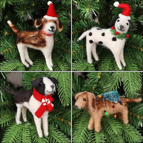 Juegoal Christmas Felt Dog Ornaments - Set of 4 Cute Wool Puppy Decorations for Tree & Wreath