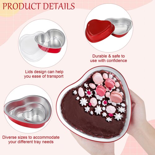 Fovths 60 Pieces Heart Shaped Cake Pans with Lids Extra Large Aluminum Foil Cupcake Pans 3.4 Oz, 9 Oz, 23 Oz Disposable Flan Baking Cups for Valentine Day Kitchen Birthday Wedding Party Baking Supply