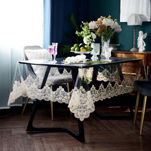 ARTABLE Vinyl PVC Rectangle Tablecloth Waterproof Clear Table Cover with Champagne Lace Macrame Border for Wedding Kitchen Home Outdoor Indoor Holidays Party Decor (Gold, 60 x 120 Inch)