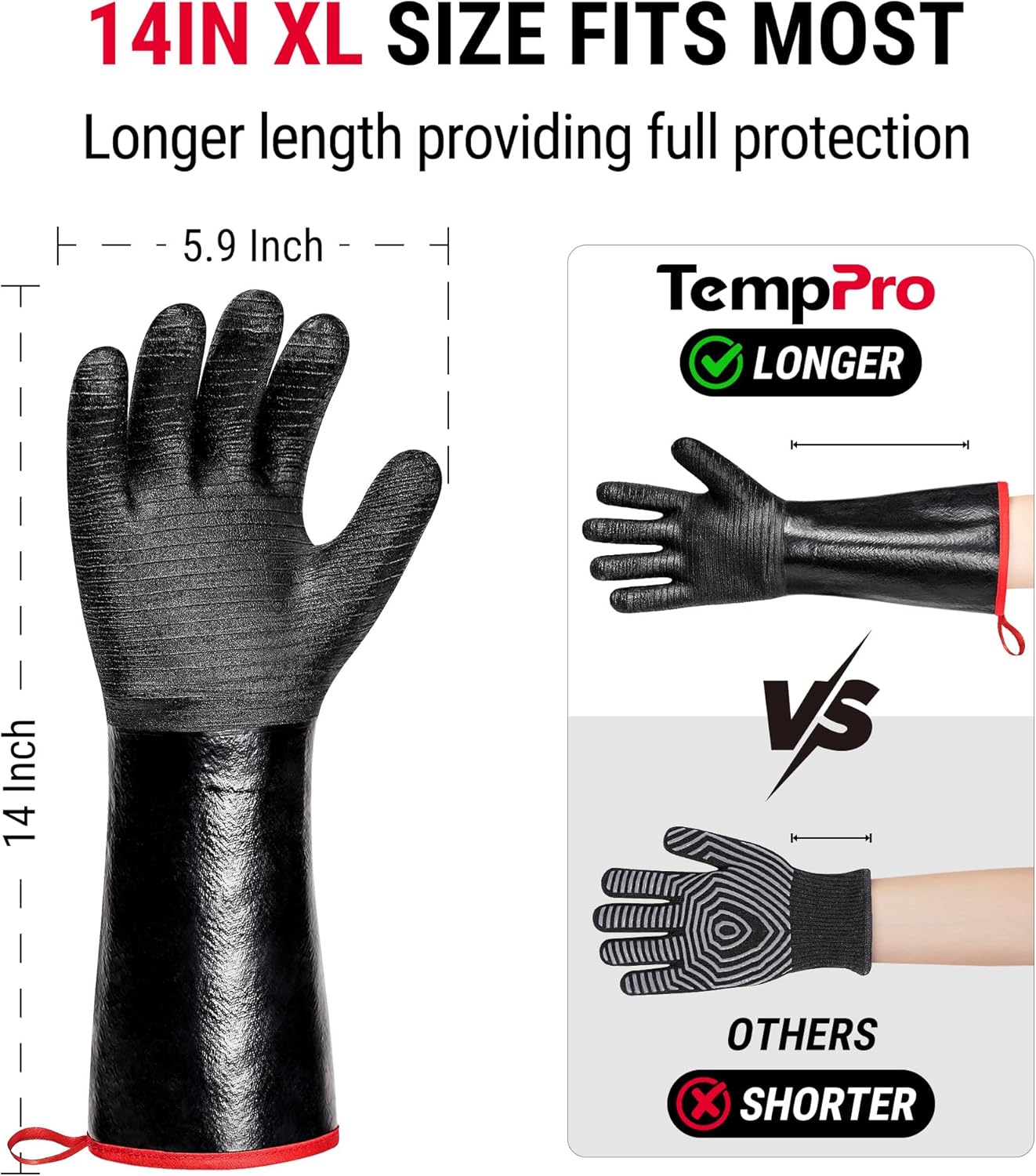 TempPro BBQ Gloves - 932°F Heat Resistant, Waterproof & Slip-Resistant Neoprene | 14" Oven Mitts for Grilling & Smoking