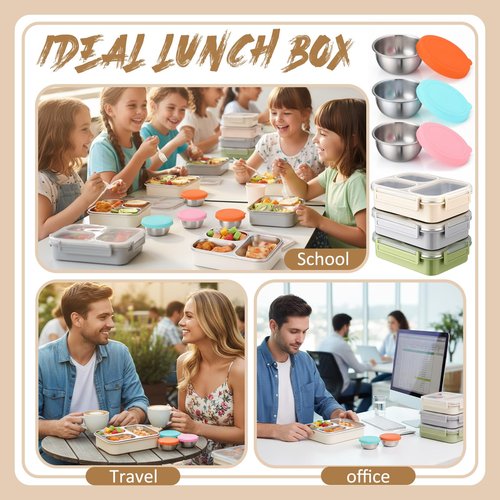 Ferrochef 3 Pack Stainless Steel Lunch Boxes 25 oz 3 Compartment Metal Bento Box with 3 Pcs Condiment Containers and Leakproof Lids for Office Outdoor and Gym, Dishwasher Safe