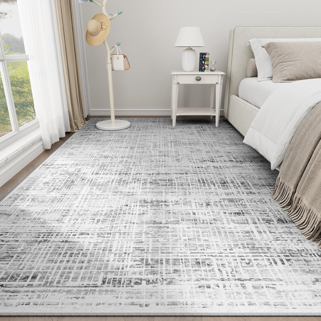 Skiennix 8x10 Area Rug - Washable Anti-Skid Abstract Design for Living Room | Soft Non-Shedding Carpet (White Gray)