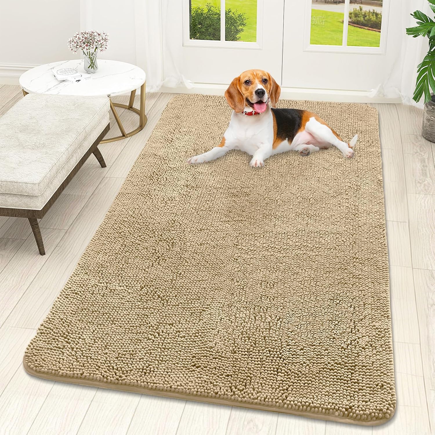 OLANLY Dog Door Mat - Absorbent Non-Slip Chenille Mat for Muddy Paws | 59x32 Inches, Beige