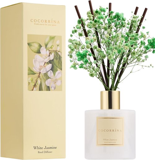 COCORRÍNA Reed Diffuser - White Jasmine Scented 6.7 Fl. Oz Set with Sticks & Baby's Breath Decor