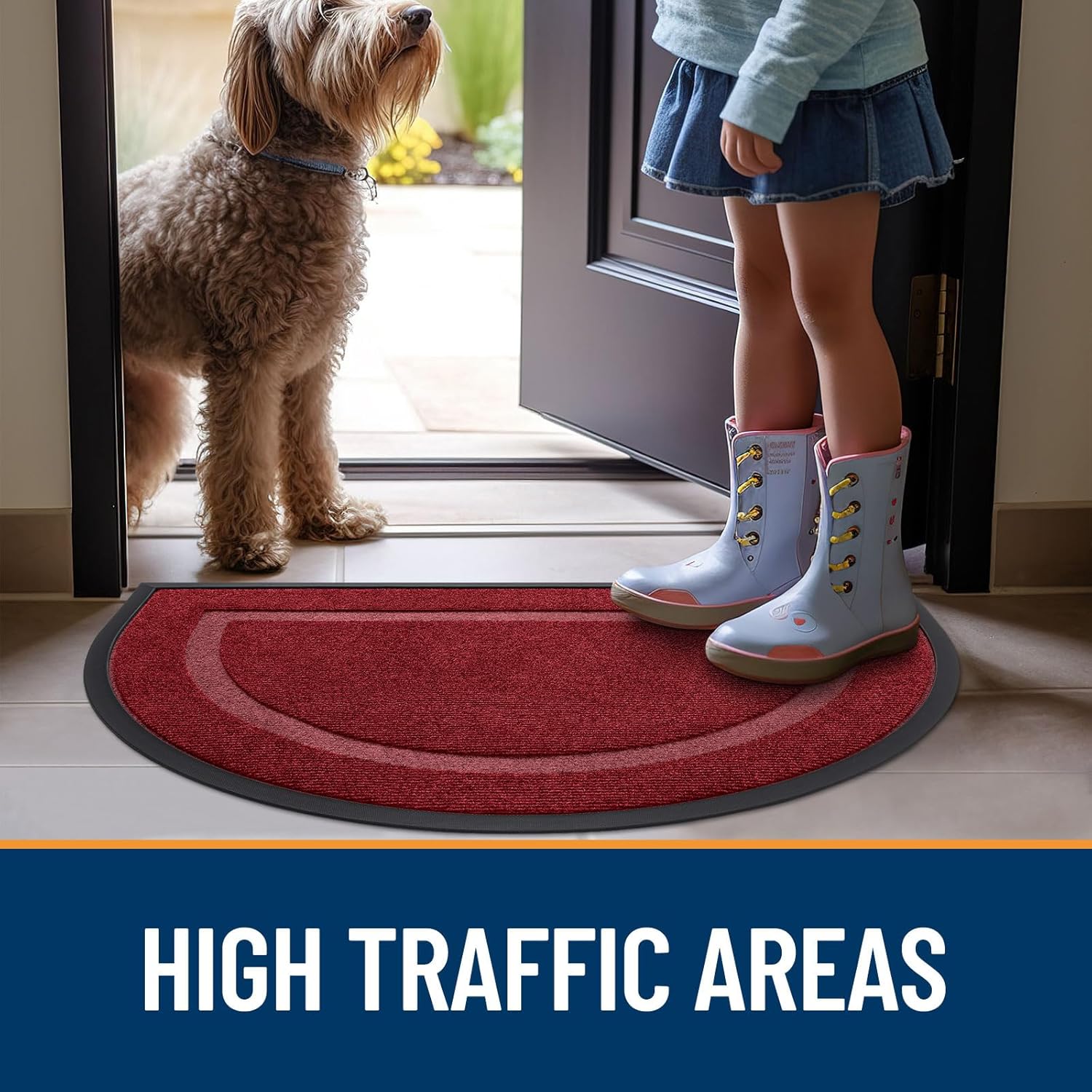 OLANLY Half Circle Door Mat - Waterproof All-Season Indoor/Outdoor Welcome Mat, 36x24, Wine Red