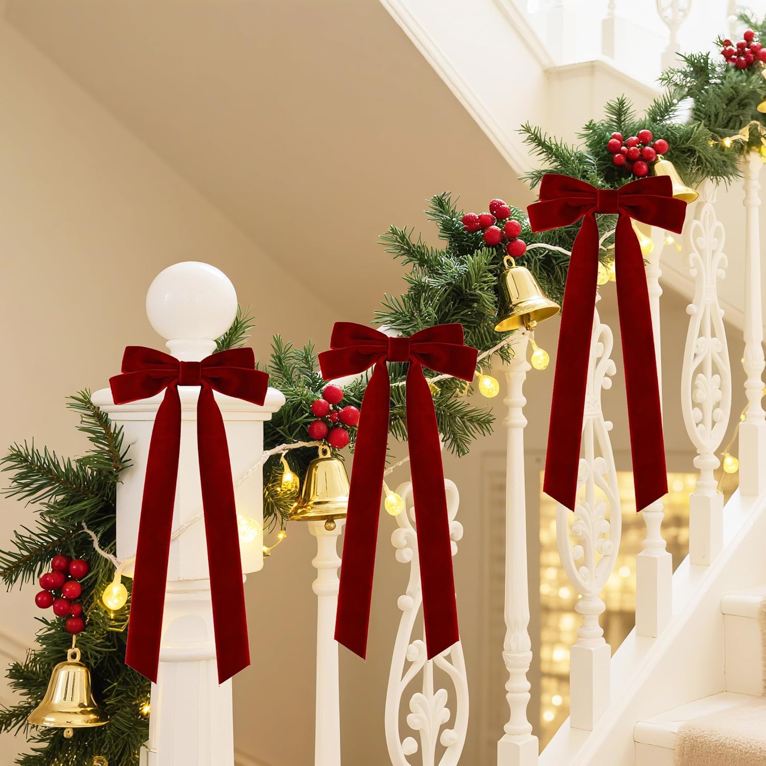 Senjie Velvet Christmas Bows - Large 20in Vintage Ribbon for Staircase Garland & Wreath | 6Pcs Burgundy
