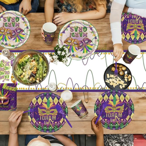 170 PCS Mardi Gras Plates and Napkins Purple and Gold Party Supplies Set Disposable Dinnerware Set for 24 Guests Mardi Gras Decorations (B White)