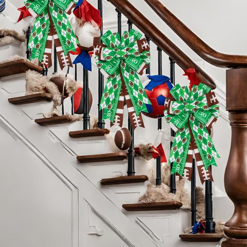 Montekin Large Football Bows for Wreath 20x11 Inch, 2 Pack Pre-Tied Wired Burlap Ribbon, Decorative Tree Topper Bow for Front Door Sports Party Indoor Outdoor Decoration (Green)