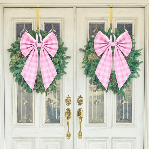 Suncalla 2 Pcs Pink Plaid Wreath Bow 19.6'' x 11.8'' Coquette Front Door Hanger Cute Bow Wreath Accessories Xmas Party Yard Doorway Indoor Outdoor Wall Decoration