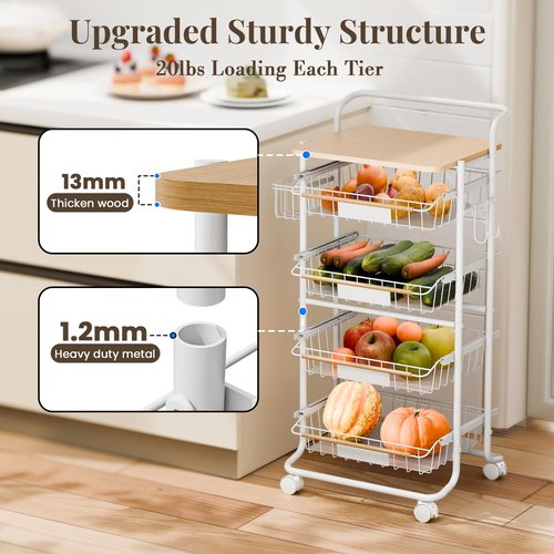 PantryNest Kitchen Organizer Cart with Wheels, 5 Tier Fruit and Vegetable Storage Basket, Rolling Storage Cart for Kitchen, Pantry, Bathroom, Upgraded Design with Slide-Out Shelves, White