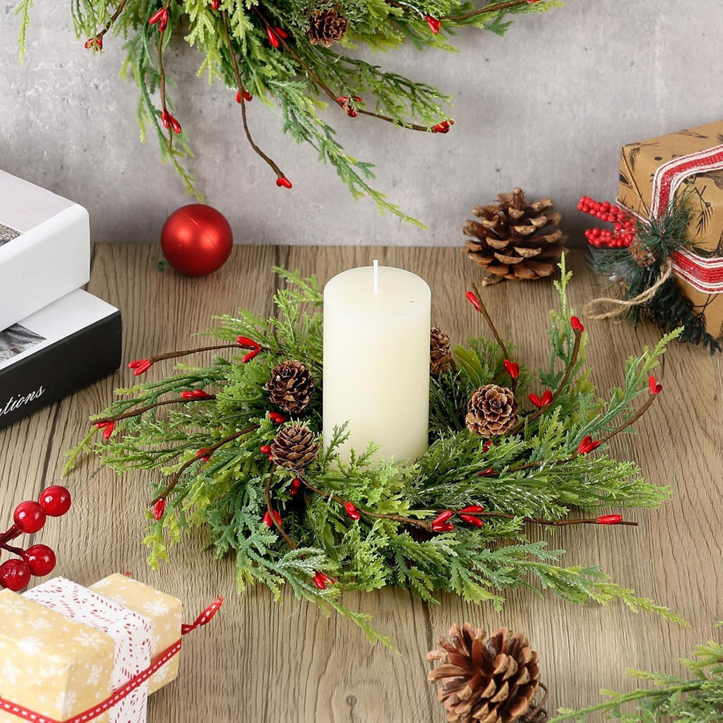 Skiennix 8 Pcs Artificial Christmas Candle Rings - 9 Inch Cedar Pine Garland Wreaths with Red Berries & Pinecones for Winter Table Centerpiece