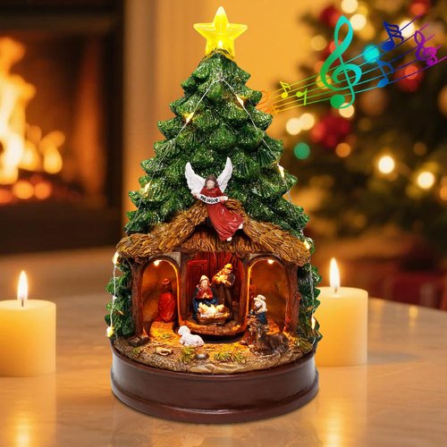 Innodept12 Christmas Tree Rotating Nativity Scene Figurines - Animated Holiday Decoration with Music, Angel & Star - 9.84" Collectible Tabletop Display