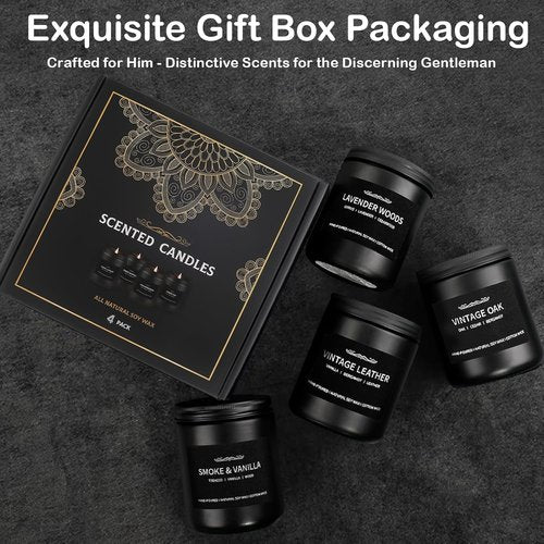 Scented Candle Set, Men Candle Set, Scented Candles for Home, Gifts for Men, 4 Pack Manly Candles Gifts for Mens Scents of Smoke Vanilla/Leather/Oak/Lavender Wood