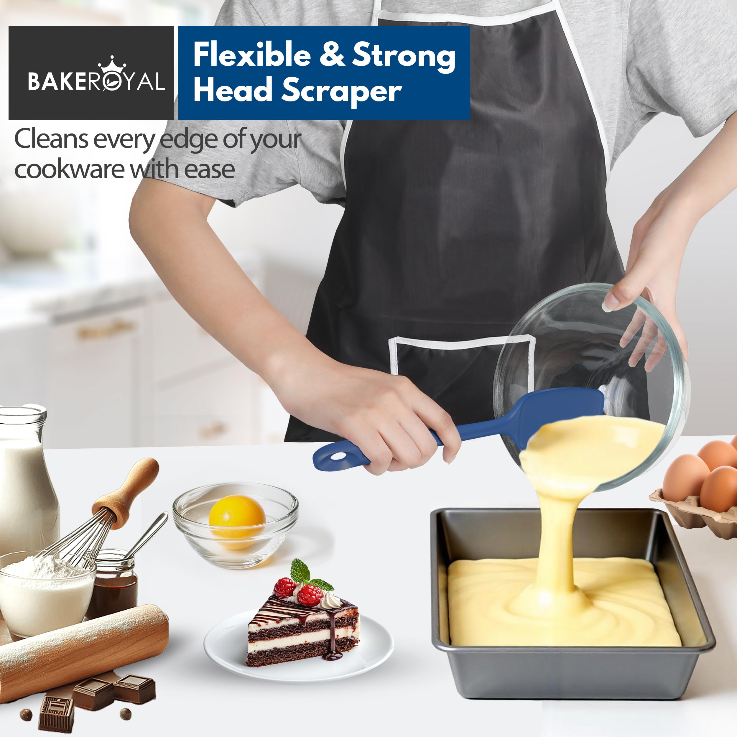 BakeRoyal Silicone Spatula Set - 4-Piece Rubber Spatulas Silicone Heat Resistant 600°F for Everyday Task - Seamless Design Kitchen Spatulas for Nonstick Cookware - Royal Blue