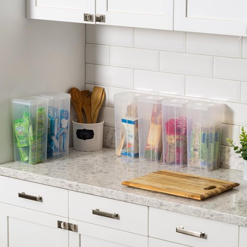 IRIS USA Vertical Storage Containers - Stackable Plastic Bins with Lids | Clear, Large, 6 Pack for Home & Office Organization