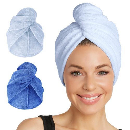 Turbie Twist 2-Pack Microfiber Hair Towel for Beauty, Travel, Gifting - Wrap Turban for Straight, Wavy & Curly Hair - Premium Personal Care - Dazzling Blue & Windsurfer