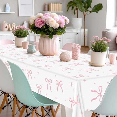 Maniaacer 2 PCS Pink Bow Tablecloth Bow Theme Plastic Table Cover Rectangle Coquette Disposable Party Tablecloth for Women Girls Birthday Bridal Bachelorette Party Decor