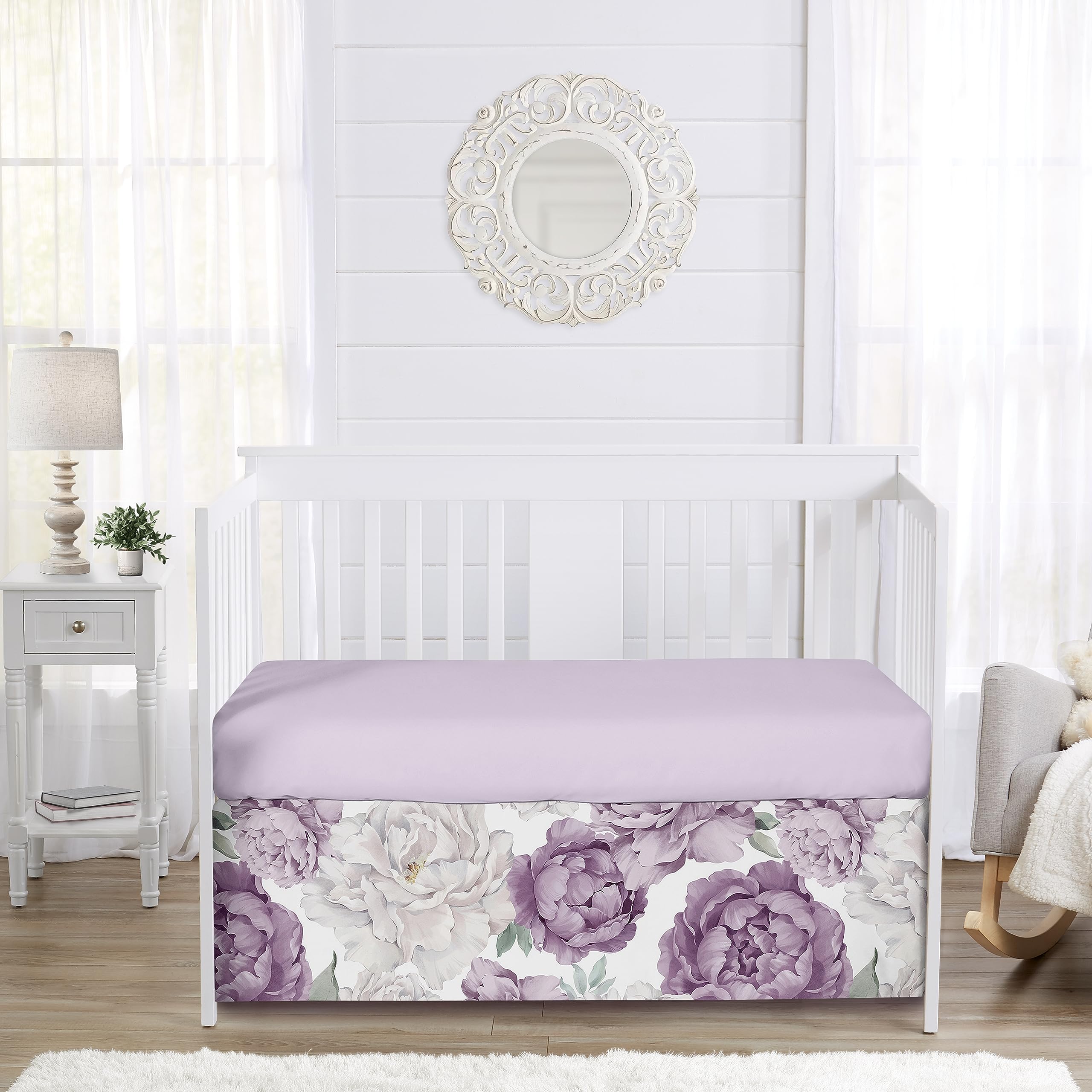 Sweet Jojo Designs Lavender Purple Boho Shabby Chic Floral Girl Baby Crib Skirt Bed Dust Ruffle Bedskirt Nursery Tailored Straight Flat Lilac Violet Ivory Bohemian Vintage Garden Watercolor Flower