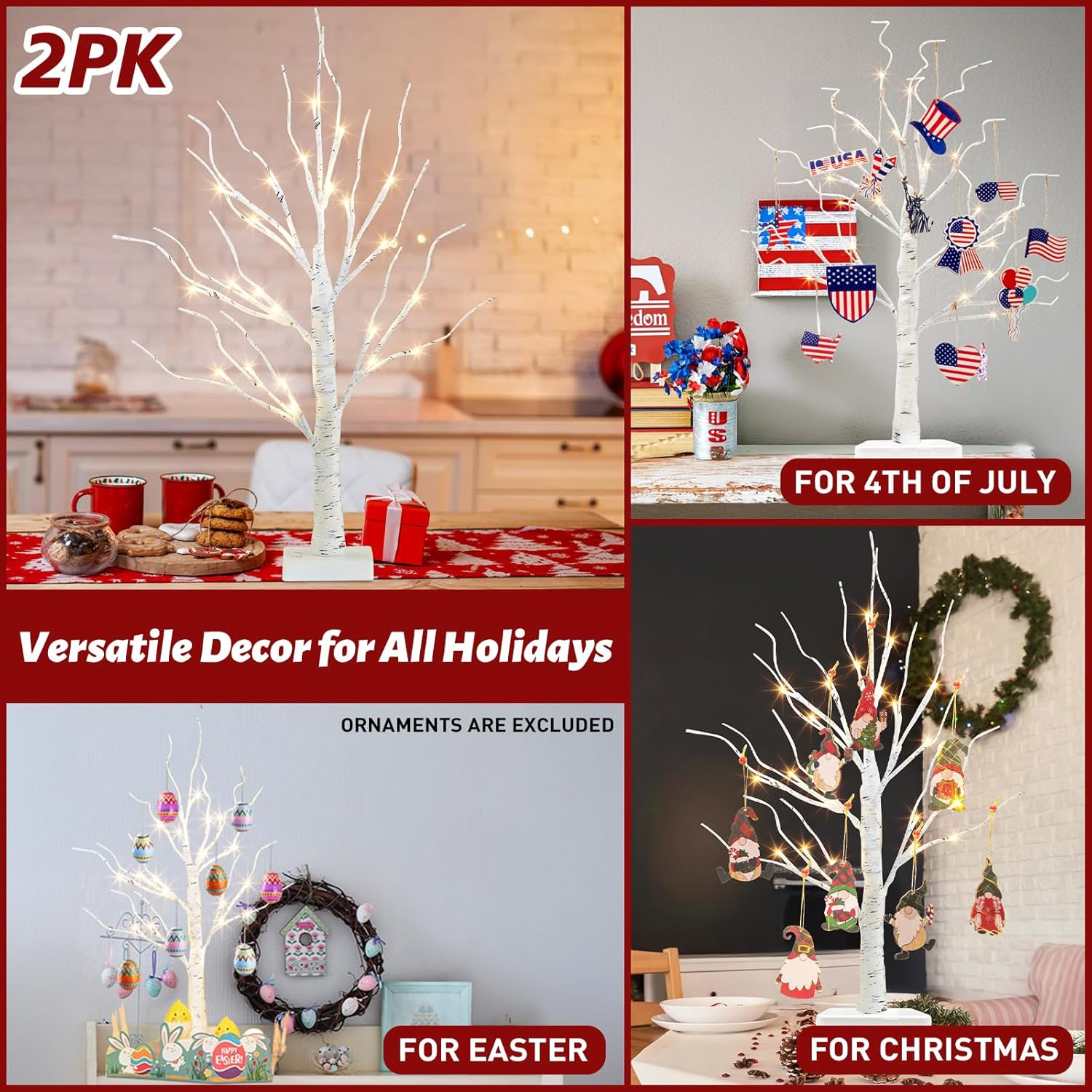 PEIDUO 2FT Birch Tree Easter Decorations - LED Light Up Tree Lamp with Timer & Warm White Glow | Indoor Table Decor (2PK)