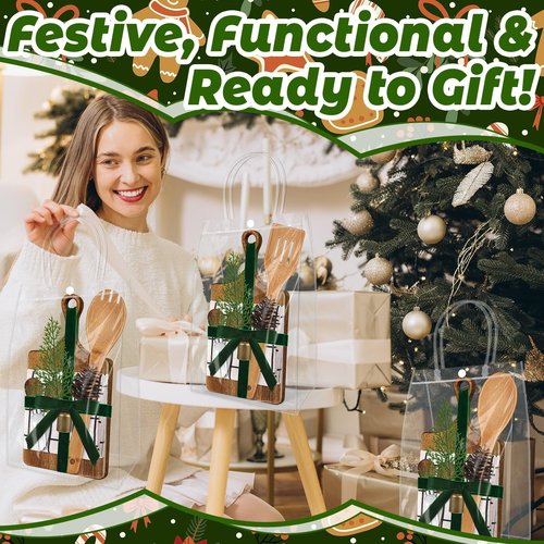 12 Set Christmas Gift Kitchen Utensils Set Acacia Spatula Mini Cheese Board Pine Cones for Christmas Kitchen Holiday Gift Party Decor Neighbor Employee Baking Gift Xmas Cooking Supplies