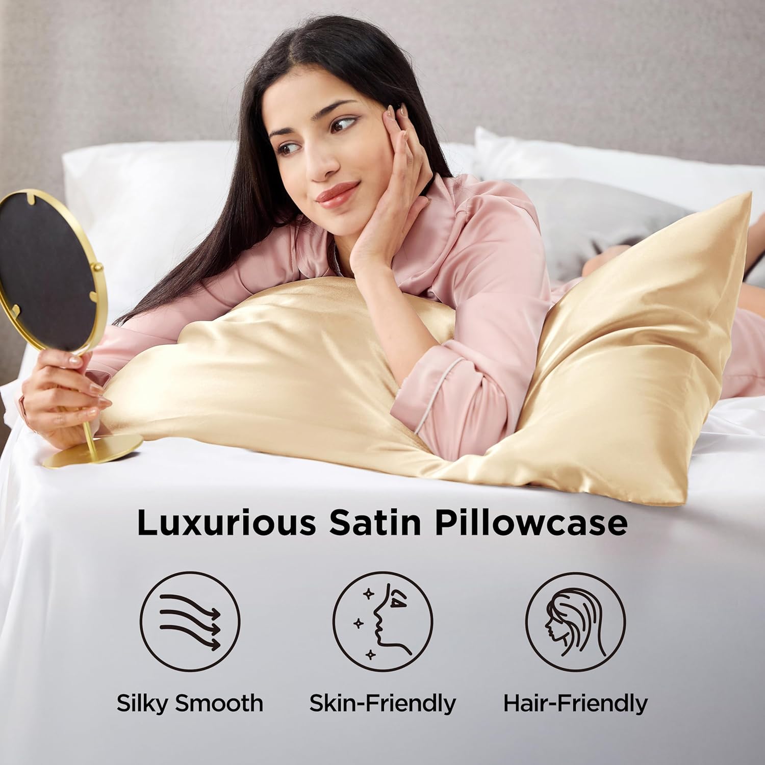 Bedsure Satin Pillowcase Set of 2 - Champagne Gold Silky Pillow Cases for Hair & Skin | 20x36 Inches