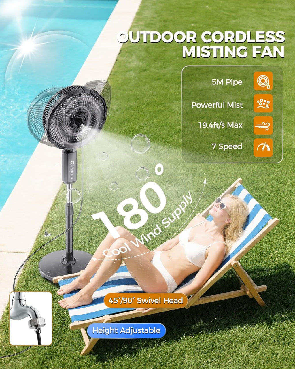 Skiennix Outdoor Misting Fan - 12-Inch Portable Water Cooling Fan with Remote & Timer | Ideal for Patios & Bedrooms