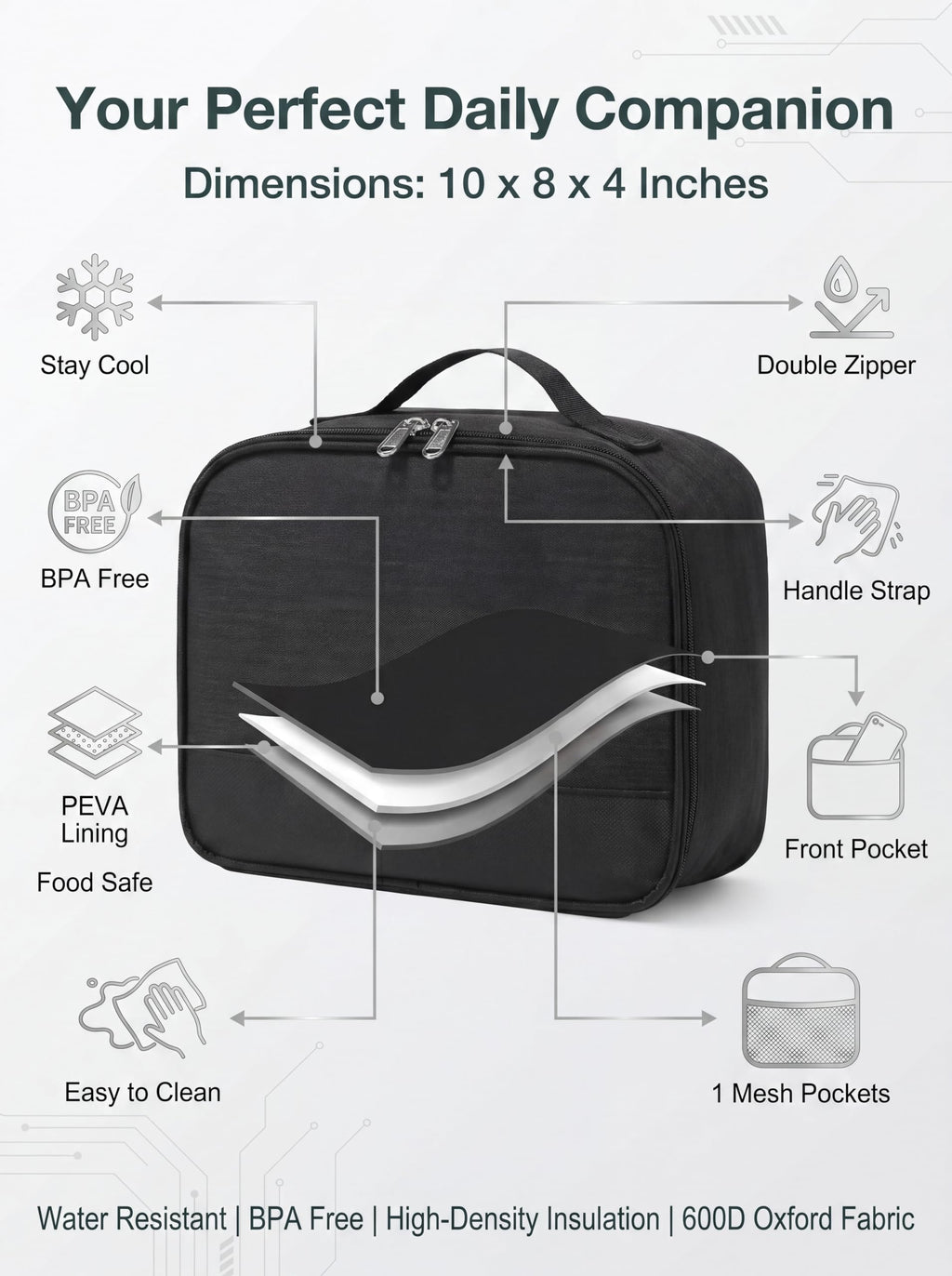 ZM-YOUTOO Lunch Box for Men - Reusable Lunch Bag Men Adult Women- Insulated LunchBox for Office Hiking Camping (Black)