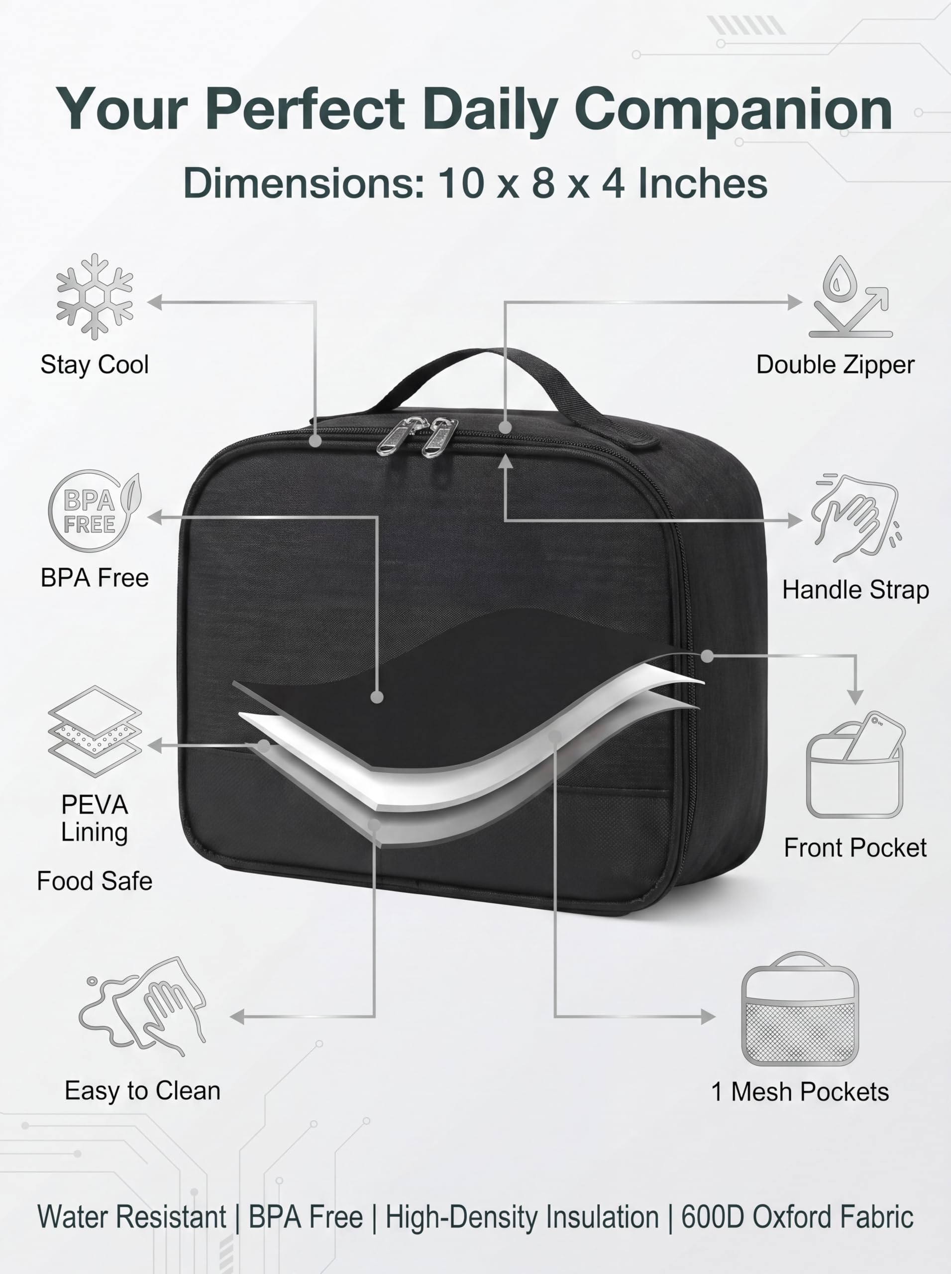 ZM-YOUTOO Lunch Box for Men - Reusable Lunch Bag Men Adult Women- Insulated LunchBox for Office Hiking Camping (Black)