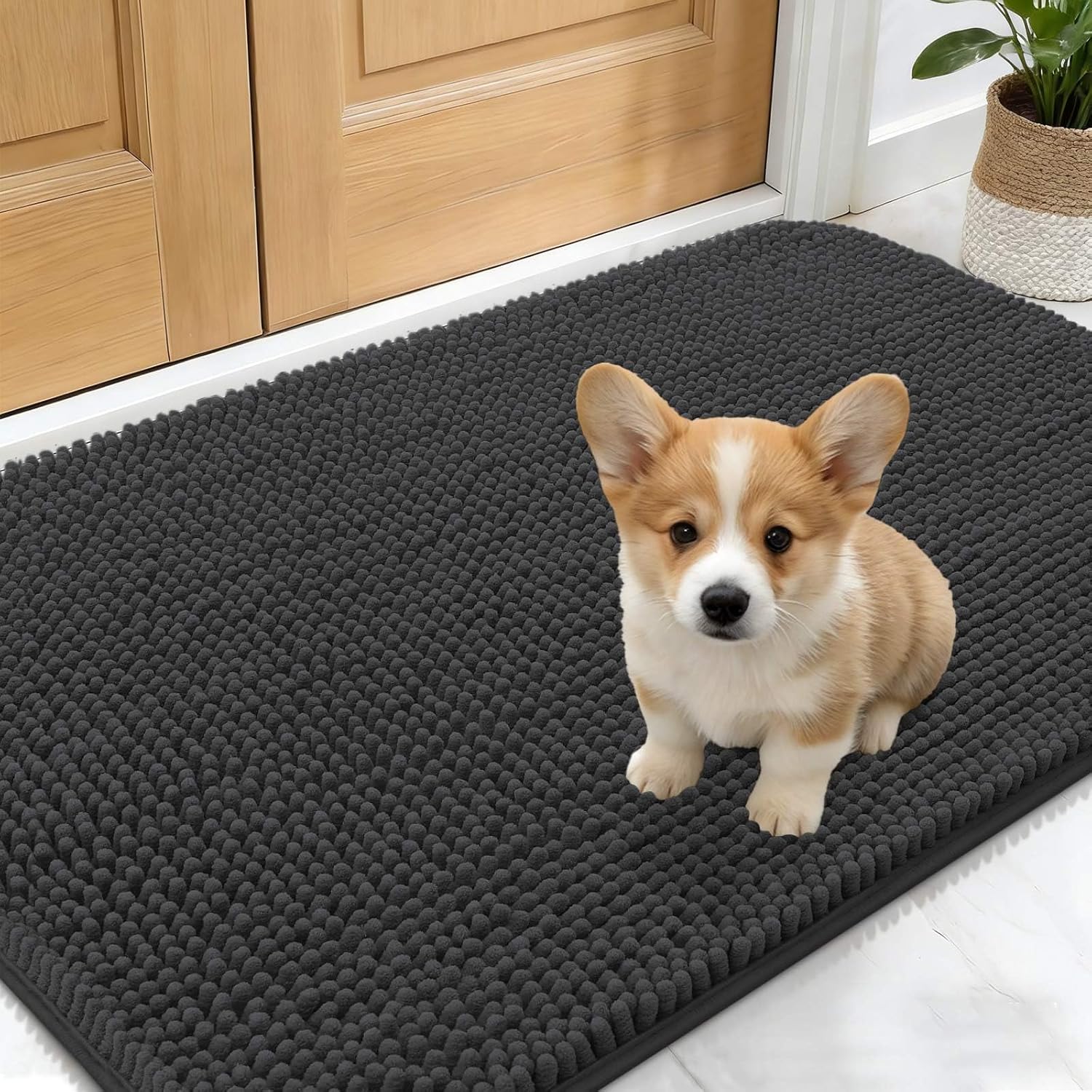 OLANLY Dog Door Mat - Absorbent Non-Slip Washable Doormat for Muddy Paws | 24x16 Dark Grey