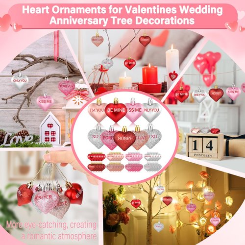 56PCS Valentines Tree Decorations Heart Ornaments, 8 Styles Valentines Day Heart Shaped Ornaments with Sweet Love Words Heart Baubles for Romantic Valentines Tree Decor Wedding Anniversary Decor