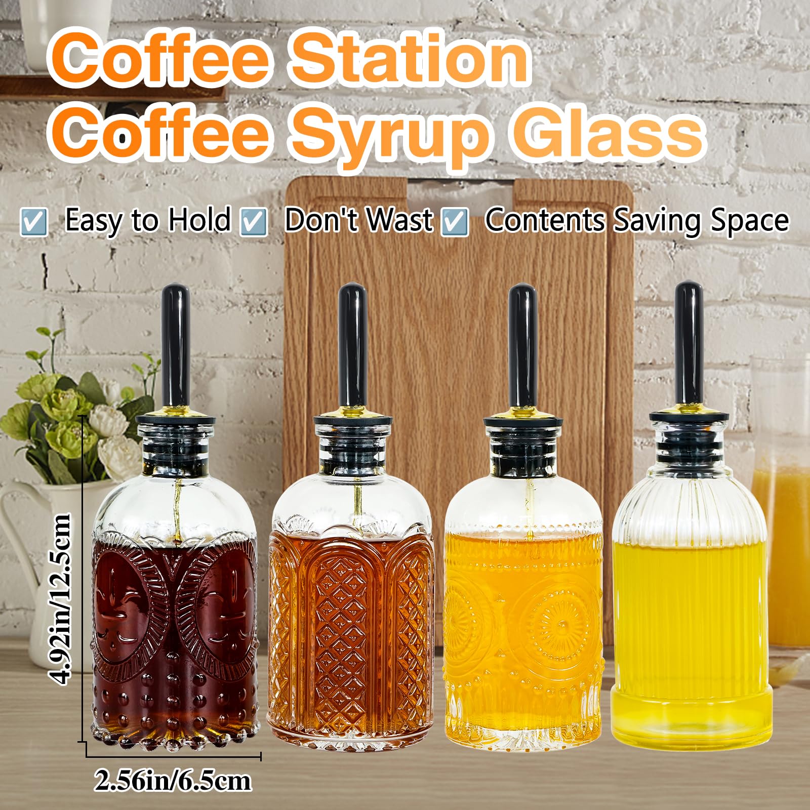 Syrup Dispenser Bottles Set,4 pcs 7oz Glass Coffee Syrup Bottle,Coffee Bar Accessories with Metal Pour Spout Ideal and labels for Coffee Syrups,Coffee bar