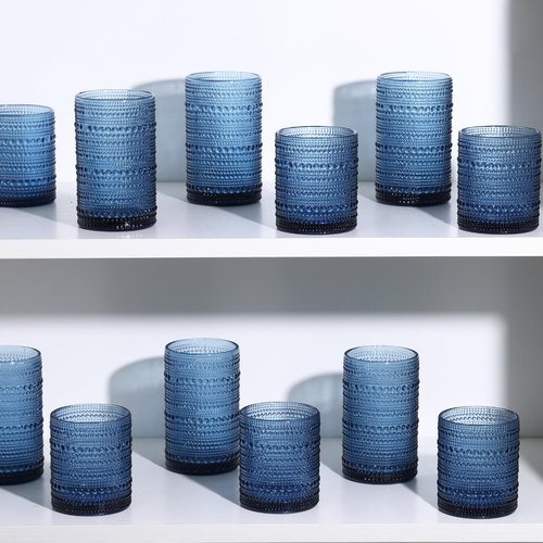 Moretoes Hobnail Drinking Glasses Set of 16, 12 Oz Highball Glasses & 10 Oz Cocktail Glasses, Clear Embossed Boho Glass Cups Kitchen Bar Tumbler Glassware Set for Whiskey, Beer, Juice, Milk (Blue)