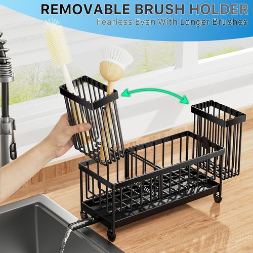 Cisily Kitchen Sink Sponge Holder - Rustproof 304 Stainless Steel Caddy Organizer | Black, 9.25”