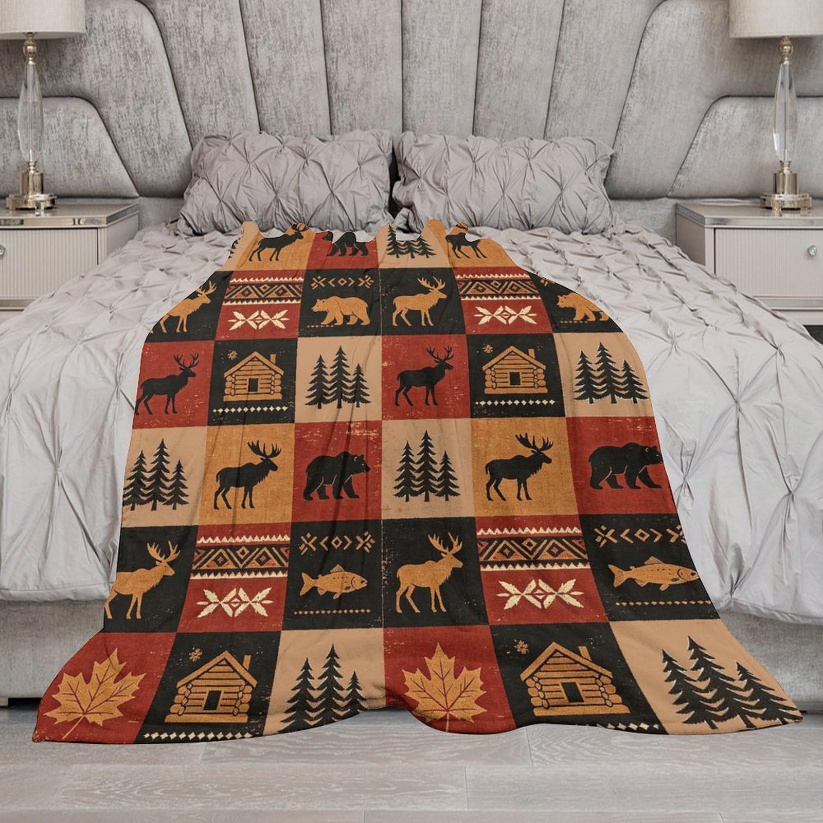 Bear Rustic Cabin Moose Blanket Soft Flannel Farmhouse Throw Blanket Gifts for Adults Cozy Blanket for Red Black Check Farmhouse Art All Season Couch Bed Sofa Home Decor, 50"x60"