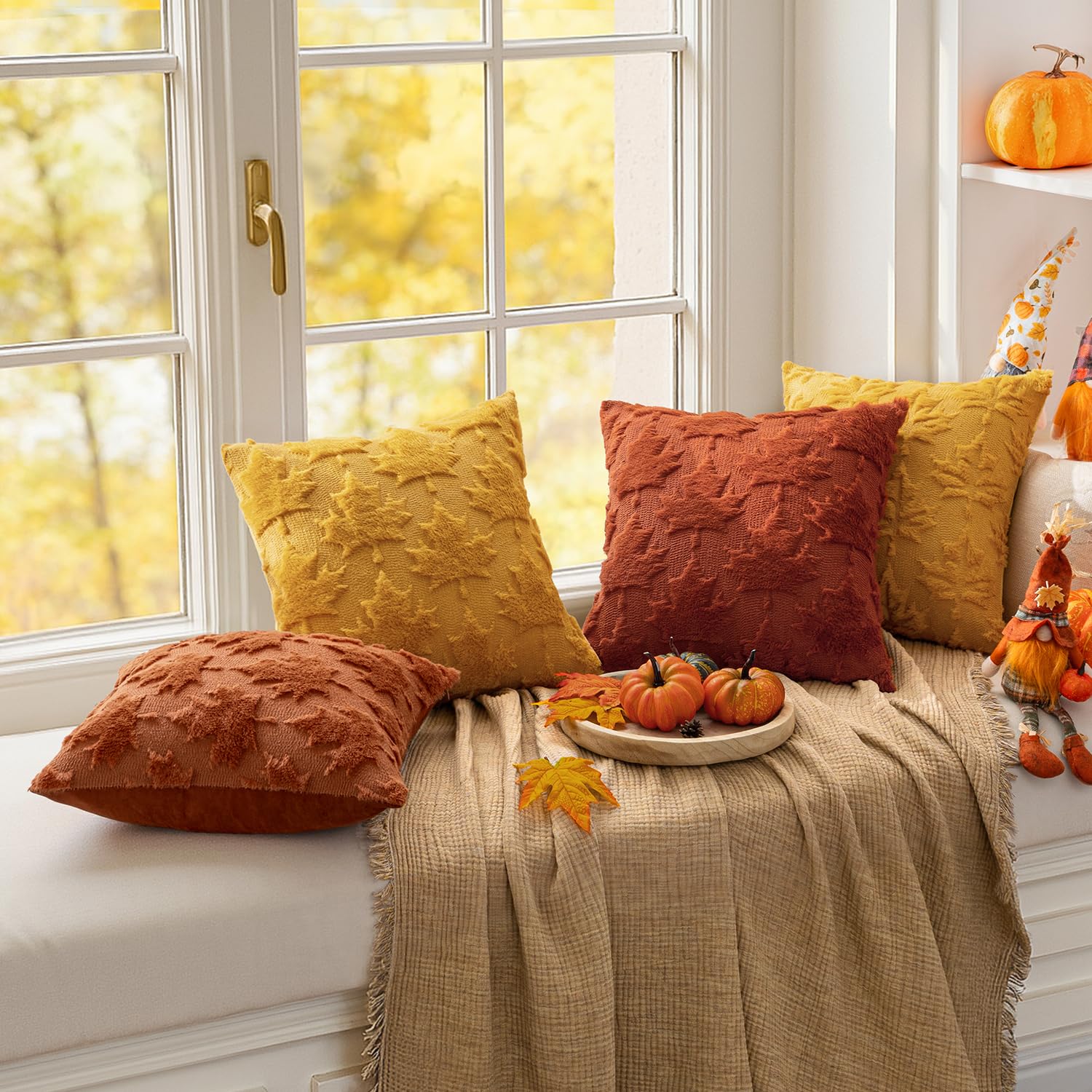MIULEE Fall Autumn Throw Pillow Covers 18x18 Burnt Orange Set of 2 Thanksgiving Decorative Solid Maple Leaf Accent Pillow Cases Soft Plush Faux Wool for Home Decor Holiday Outdoor Porch Bedroom