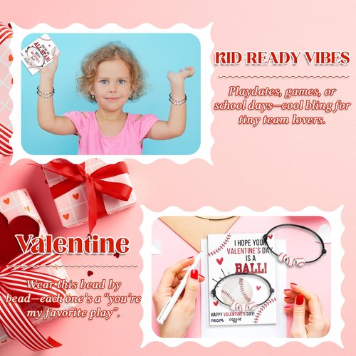 Demonwer 24 Sets Valentine's Day Baseball Bracelet Gift Adjustable Baseball Bracelets with Inspirational Cards Sport Party Favors for Valentine Team Prize Exchange Gifts Supplies