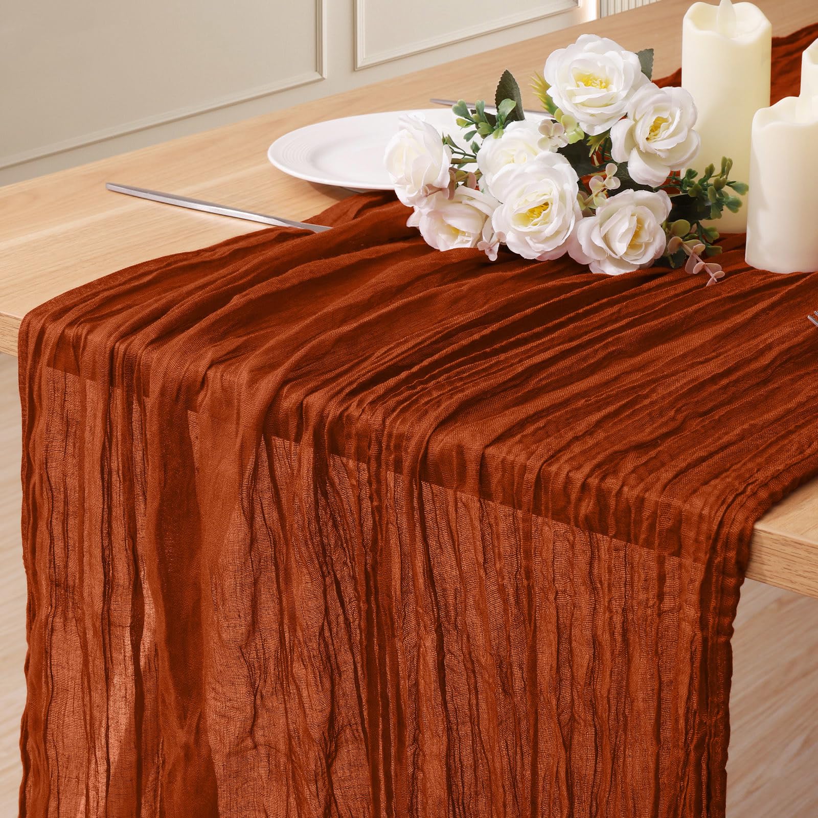 1 Pack Cheesecloth Table Runner 10Ft Christmas Gauze Boho Table Runners for Wedding Decor Bridal Shower Decorations(35" x 120")